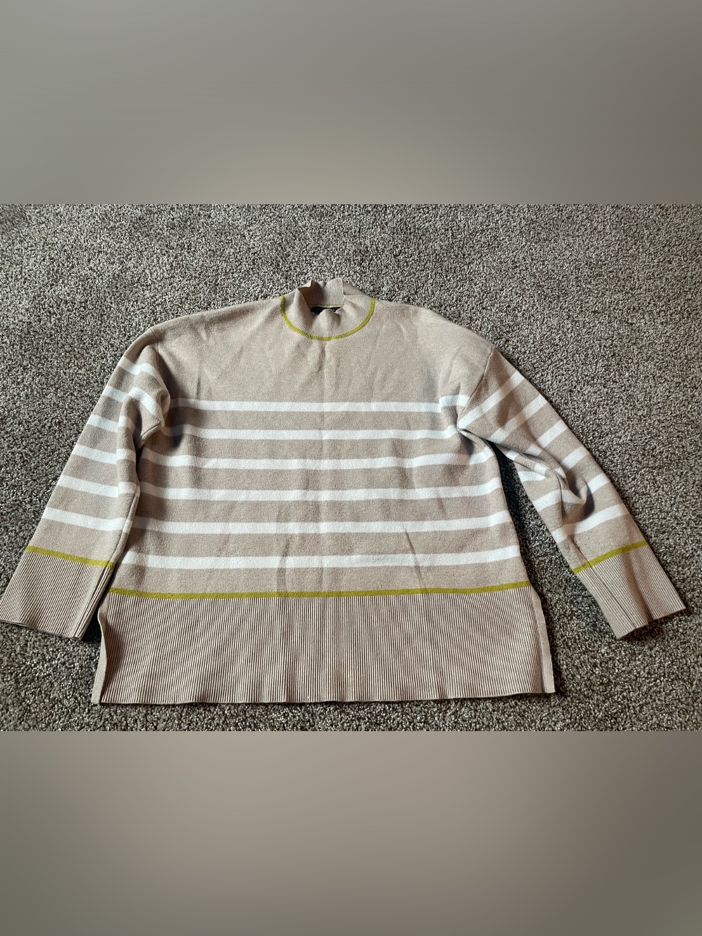 Tahari Beige and White Striped Crew Neck Sweater with Lime Accent
